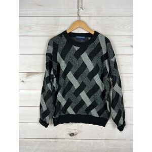 Vintage Claybrooke Sweater Mens Large Black Gray Geometric Knit Korea 90s